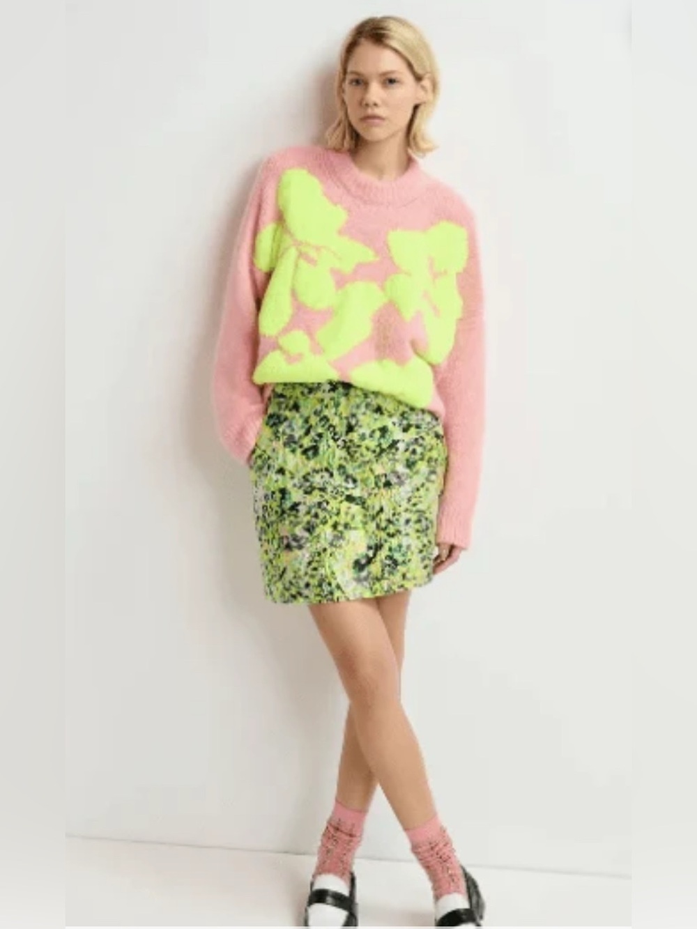 ESSENTIEL ANTWERP FLORAL JACQUARD MINI SKIRT IN BLACK GREEN LIME